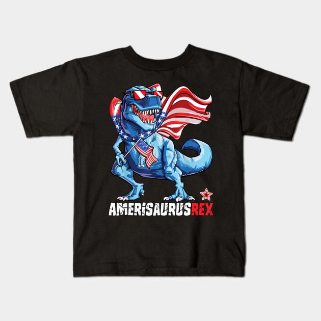 Dinosaur 4th Of July T Shirt Kids Boys Men Amerisaurus T Rex Kids T-Shirt by Tisine